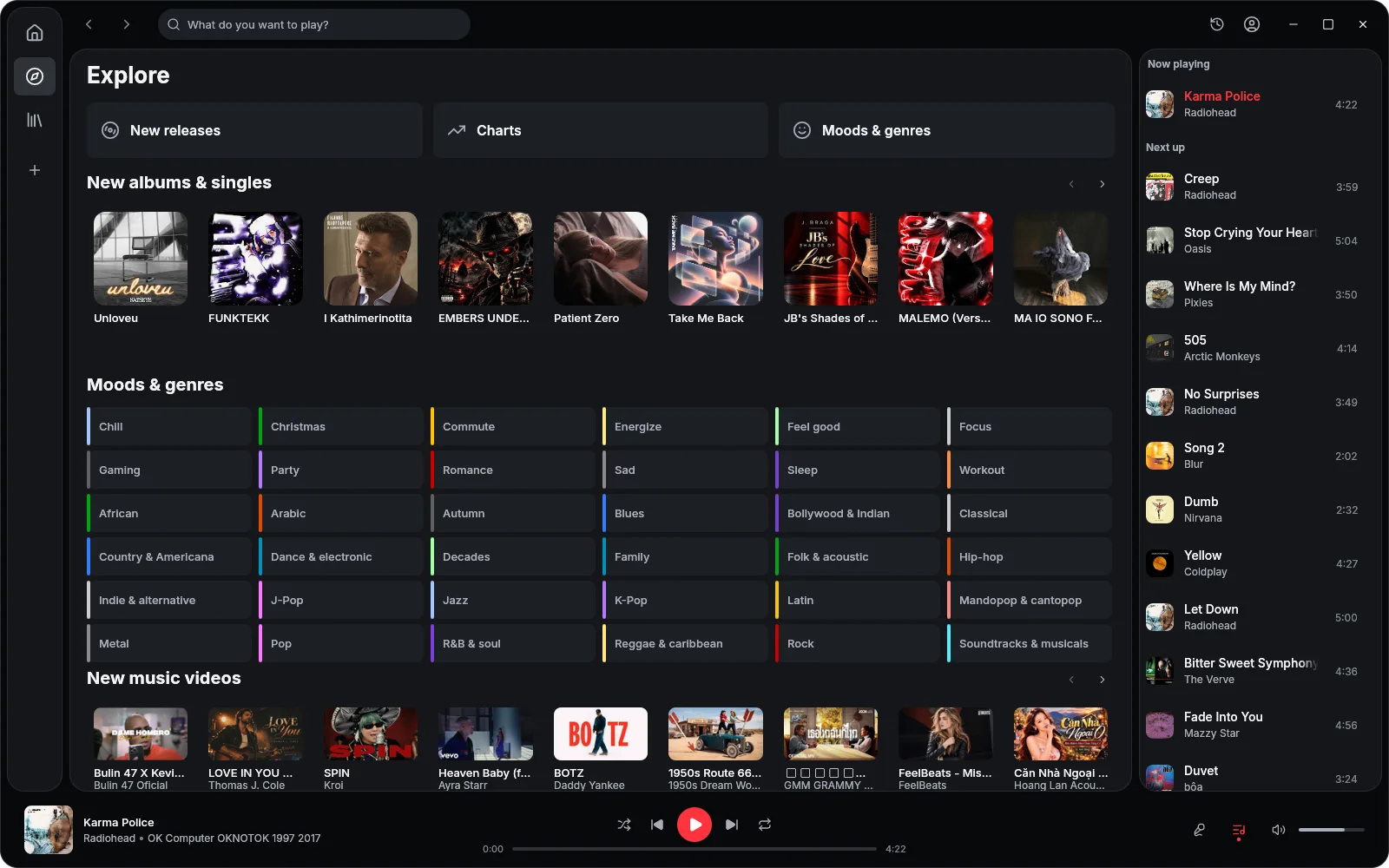 Explore with the sidebar folded to the icon rail and the queue open