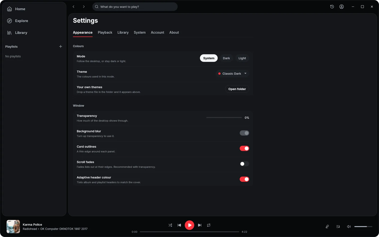 Settings, Appearance